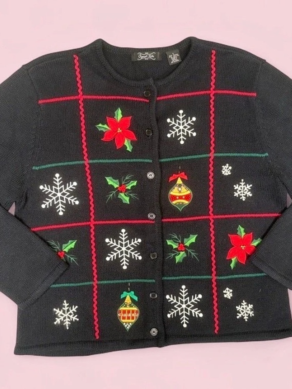 Vintage Crystal-Kobe Christmas Cardigan Beaded Embroidered Holiday Sweater L